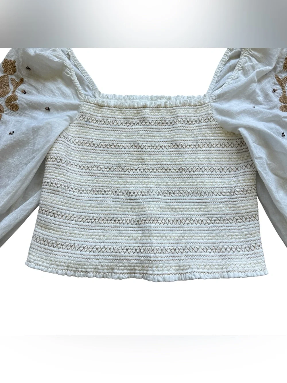 Anthropologie Embroidered Smocked Puff Sleeve Blouse M Petite Boho Romantic